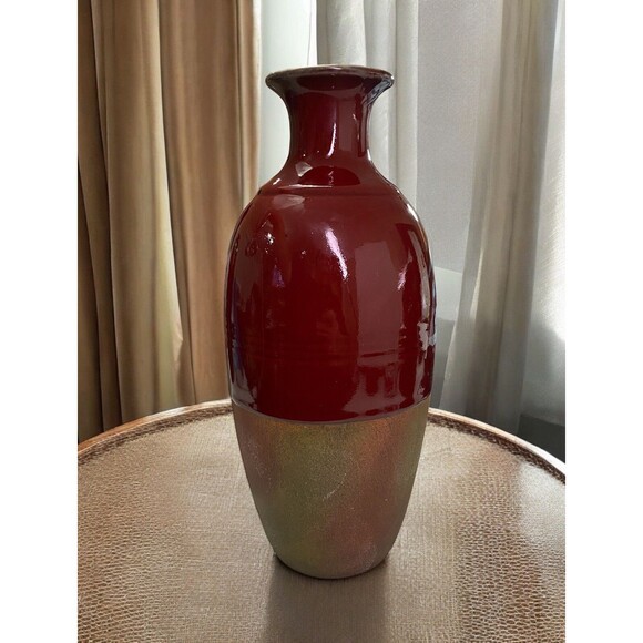 Glazed Ceramic Vase With Clay Pottery Bottom Half TableTop Home Decor Art Deco - Picture 1 of 12